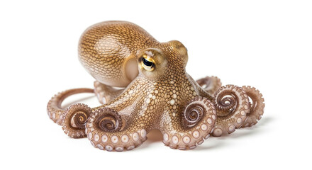 A beautiful brown octopus with its tentacles curled up isolated on white background, showcasing its unique texture and form