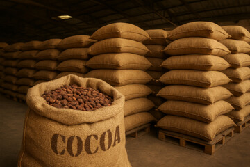 Bags of cocoa beans in warehouse — cocoa production and storage