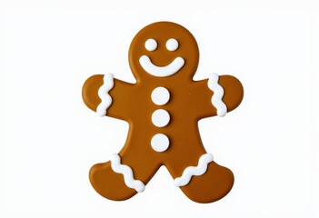 Smiling Gingerbread Cookie Figure with White Icing Highlights on a Plain White Background Illustrating Festive Holiday Cheer and Traditional Seasonal Baking Themes