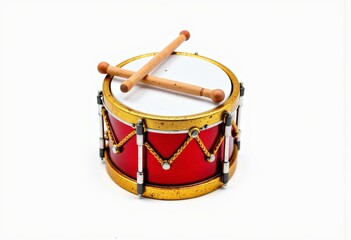 Colorful Red Toy Drum with Decorative Gold Accents and Wooden Drumsticks on a White Background