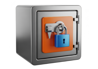 Closed metal safe with blue padlock isolated on transparent background