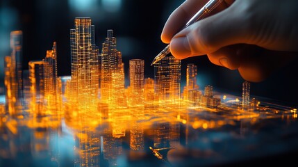 Architectural Vision: A hand sketches a futuristic city blueprint, showcasing innovative urban planning.