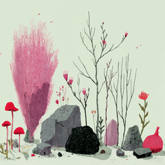 Vector background: mushrooms, branches, flowers, pumpkins, leaves, rocks, autumn nature elements for cards, background illustration art design.
