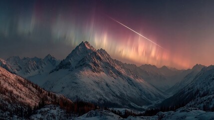 Stunning aurora borealis dances above snow capped mountains, creating a magical winter wonderland perfect for adventure and travel promotions