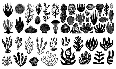 Set of linocut autumn nature: mushrooms, branches, flowers, pumpkins, leaves, rocks. Vector illustration, cartoon set.