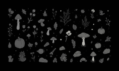 Set of dark autumn nature art illustration doodle vector: mushroom, branches, flowers, pumpkin, leaves, rocks, separate nature elements isolated 