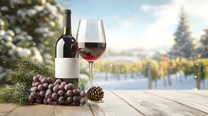 A bottle of wine with a white label mockup next to a wine glass, a fir branch, and a pine cone, against a blurred background of snow-covered vineyards
