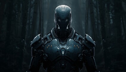 Naklejka premium A menacing cyborg soldier in advanced metallic armor with glowing eyes stands in a dark, atmospheric forest.