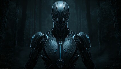 Fototapeta premium A menacing, dark, futuristic robot with glowing blue accents stands in a dimly lit, atmospheric environment.
