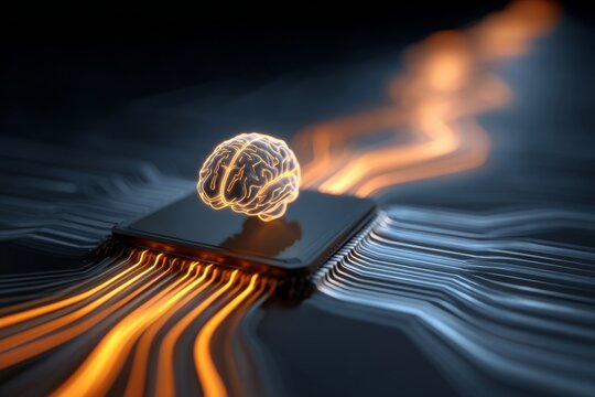 Cybernetic brilliance: the fusion of ai and digital circuit boards. Information streams. Digital transformation: enhanced ai brain with holographic circuit flows. Signal transmission. Data links.