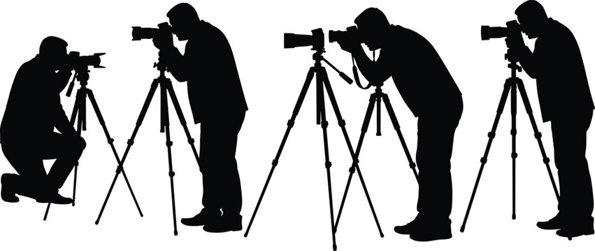 Silhouette photographers using professional cameras on tripods in various poses vector illustration for creative photography and digital art concepts