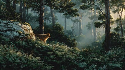 Majestic fox standing on rocky outcrop, surveys the verdant forest landscape filled with mysterious mist and abundant trees in golden light