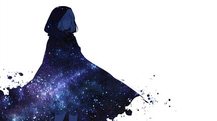 A silhouette of a person in a hooded cloak, the cloak a galaxy of stars against a white background