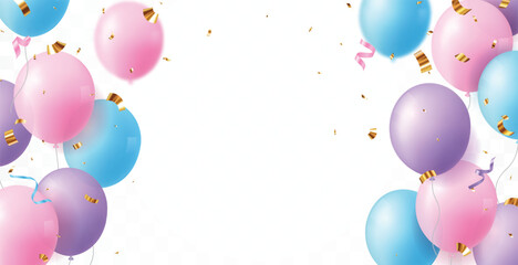 Colorful pastel celebrations banner with pink, blue, and purple balloon