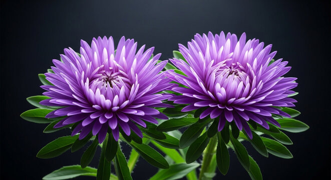 Two vibrant purple aster flowers in full bloom, showcasing their intricate petals against a dark, contrasting background