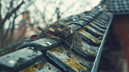 Bird nest with feathers on mossy tiled roof