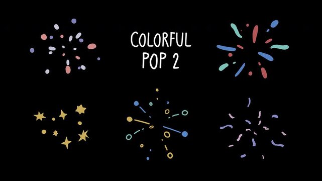 Colorful pop effect 02, smooth hand-drawn animation with playful shapes and pastel colors, cute burst and confetti motion click FX, transparent background, alpha channel