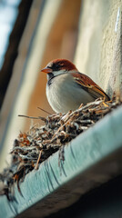 Sparrow perched on nest near house wall