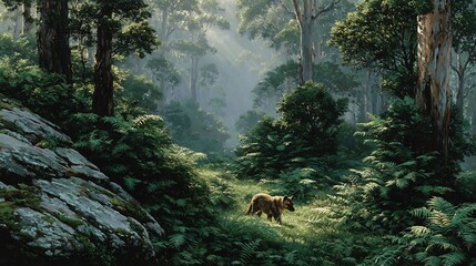 Ethereal forest scene with sun-dappled ferns and lone wolf, perfect for nature lovers and outdoor adventures! Evokes serenity and mystery in nature.