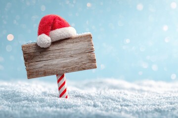 Wooden red sign on a stick with a Santa hat on top standing in snow on light blue green background with a candy cane pole. Christmas theme signboard decoration. Cheerful festive signpost banner.