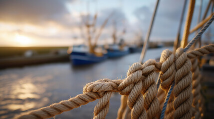 Obraz premium a river road with boats and docks, cluttered with ropes, soft natural light at sunset, a family delivering, natural poses as they tie, detailed textures on the ropes' hemp and car's metal,