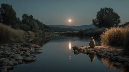 Solitary figure finds peace by the tranquil river under the moonlit sky, a moment of reflection and connection with nature's serene beauty