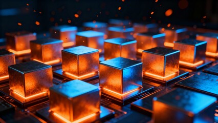 Obraz premium Glowing metallic cubes arranged on a circuit board, emitting warm light and showcasing advanced technology.