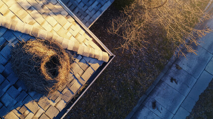 Empty bird nest on rooftop shingles at sunrise