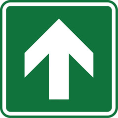 green directional sign with white upward arrow inside square white border symbolizing straight ahead path, emergency exit, or navigation route indicator