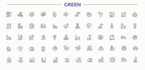 Green icon set. UI icons set in a thin style. Includes thin line symbols organic, healthy, vegetables, food, leaf. Pixel perfect. Editable stroke. Vegetables simple icon set.