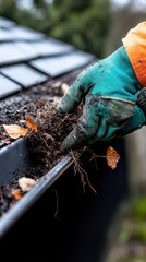 Worker cleaning clogged roof gutter with gloves