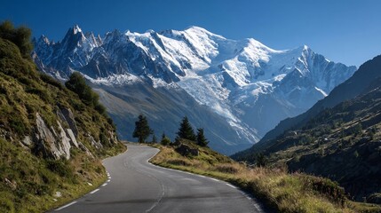 Fototapeta premium Scenic mountain road winds toward majestic, snow-capped peaks on a bright, clear day