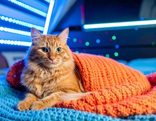 Cat on blanket under LED lights