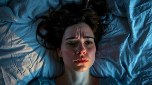 closeup top view of a woman lying awake in bed, with stress and worry, representing insomnia, anxiety, or restless night

