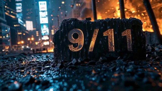 Debris and rubble crushing a 9/11 sign amid urban destruction and fire