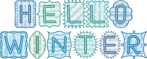 Hello winter decorative hand lettering with snowflakes and ornamental coquette frames for greeting card, sticker,postcard and winter decoration