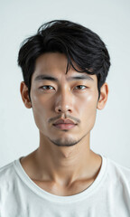 Serious Asian Man Portrait Close-up Isolated A close-up portrait shows an Asian man with short black hair, wearing a white