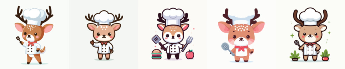 Charming collection of cute deer chef characters in cartoon style. A set of adorable animal mascots with cooking utensils for culinary concepts
