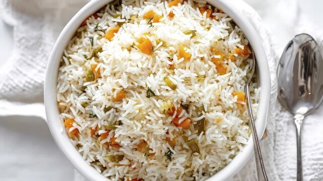 A visually appealing close-up, top-down perspective showcases a hearty serving of fluffy white rice nestled in a crisp white bowl. The rice is beautifully interspersed with vibrant diced orange vegeta