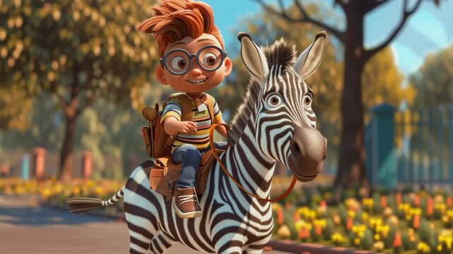 Boy riding zebra across zebra crossing