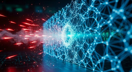 Futuristic visualization of AI-powered firewall shown as glowing neural mesh blocking red particle attacks, concept of digital security and defense