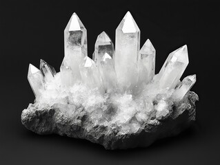 Cluster of clear quartz crystals on a gray matrix against a black background, showcasing pointed formations.