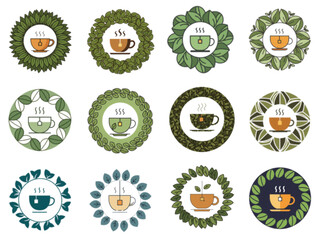 Various circular coffee cup designs embellished with leaves and steam 