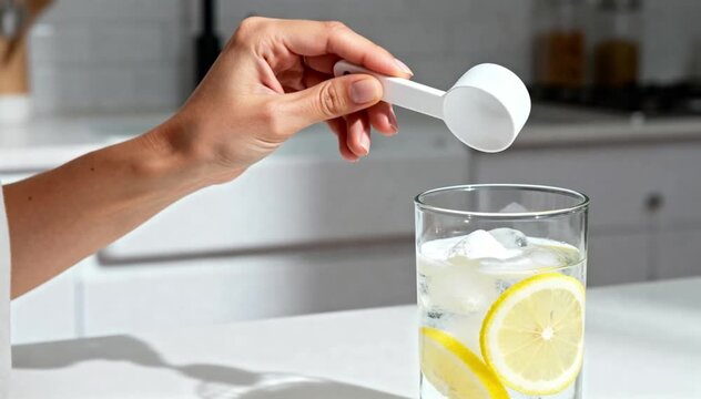 A hand holding a white scoop adds a powder to a glass of water with lemon slices. The scene is bright and clean, emphasizing hydration and wellness.