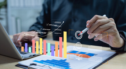 Businessman reviewing business growth chart for project approval, symbolizing corporate decision-making, financial investment, and real estate strategy in modern business management.