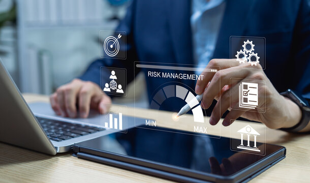 Businessman managing and assessing risks for business investment, focusing on risk control, forecasting, estimation, and financial strategy for effective management.