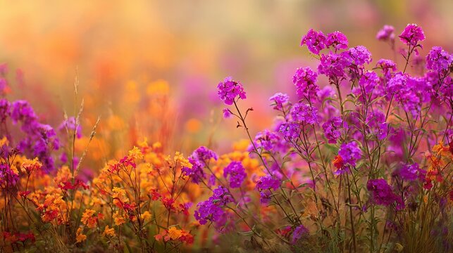 Beautiful meadow flowers, a fresh morning suffused in soft, warm light. A vintage autumn scene with an indistinct natural background. Defocused nature.