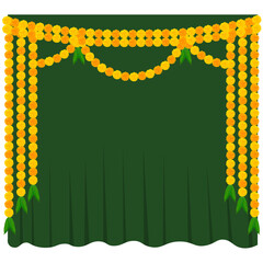 Traditional Indian marigold flower garland toran with mango leaves on green curtain background, festive floral decoration for Hindu wedding, Diwali, and cultural celebration, vector illustration