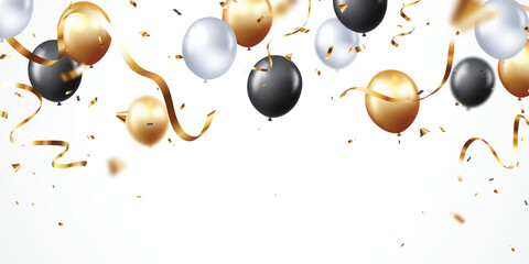 Flying black, gold and silver balloons with golden confetti for invitation cards, celebration banner