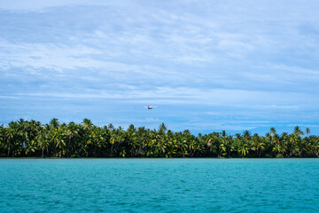 Plane Takeoff Above Coconut Trees on Maupiti Island, French Polynesia
